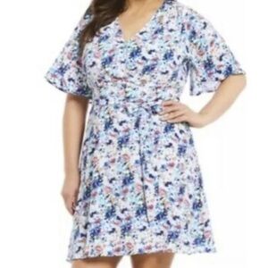🌹GIBSON LATIMER BLUE FLORAL V NECK RAYON DRESS